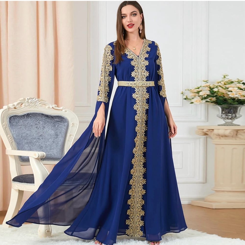 Elegant Blue and Gold Women's Dress - Picture 3 of 14